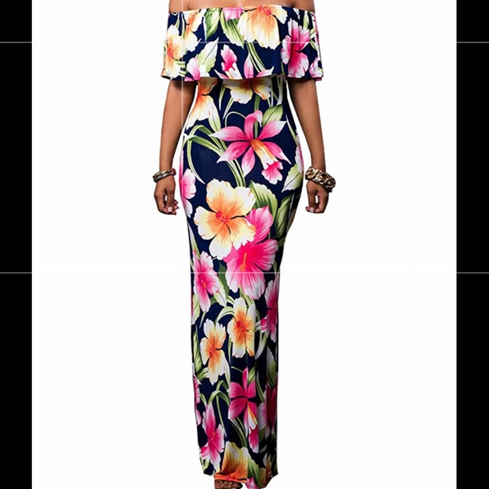 Ruffle Floral Off Shoulder Bodycon Long Maxi Dress
